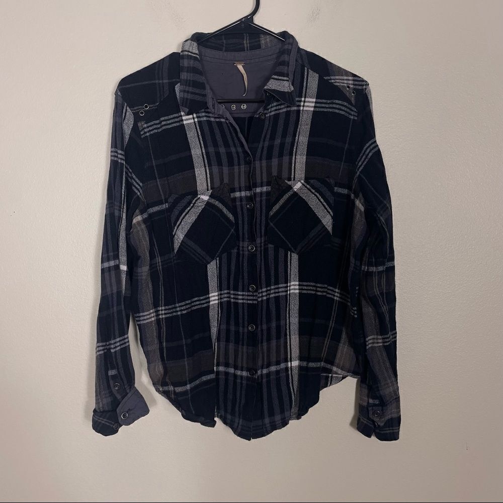 Free People Black with Grey and Brown Plaid Long Sleeve Shirt Women’s Small